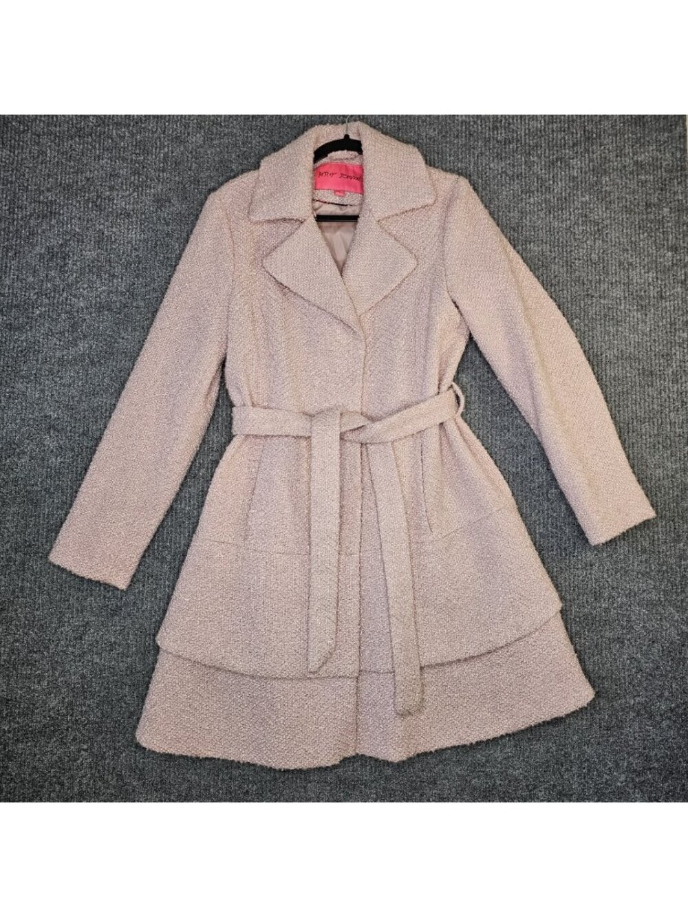 Betsey Johnson wool blend belted tier ruffle skirt coat jacket sz L Large